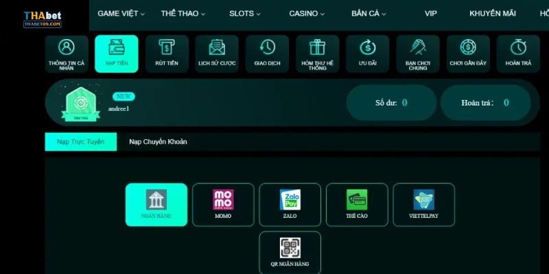 Các phương thức nạp tiền phổ biến tại THABET